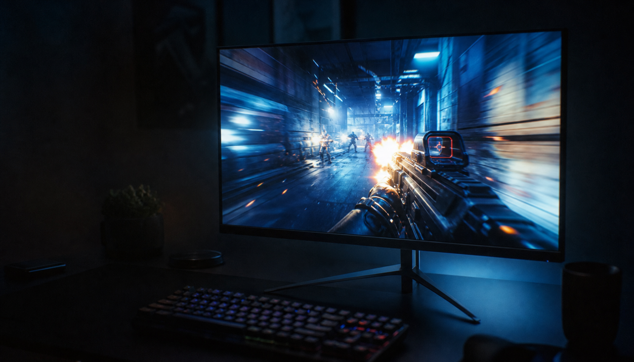 Gaming monitor showing fast motion content in a dark room, illustrating why 144Hz displays can still look choppy
