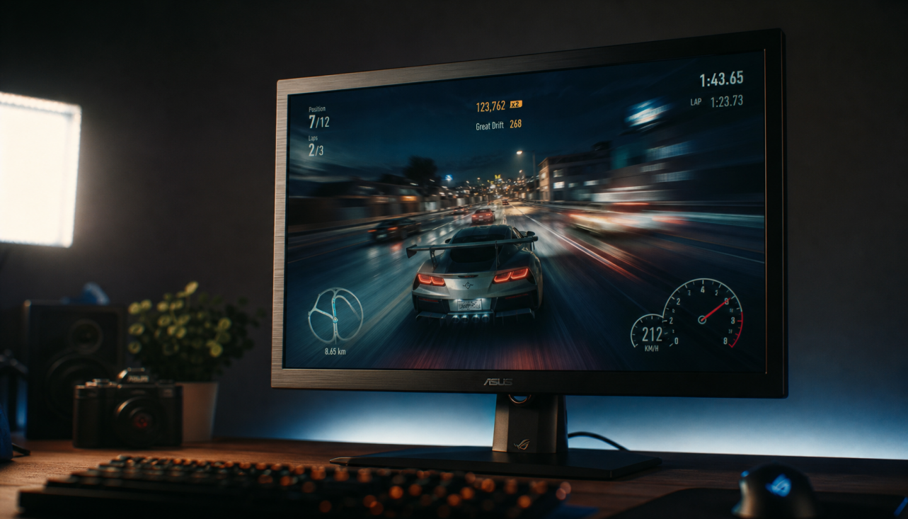 Gaming monitor showing fast motion scene with Adaptive Sync and overdrive settings in focus