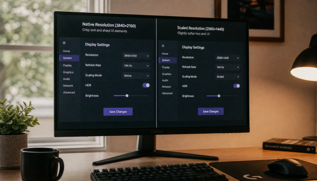 Gaming monitor showing native versus scaled resolution comparison side by side on a clean desk setup