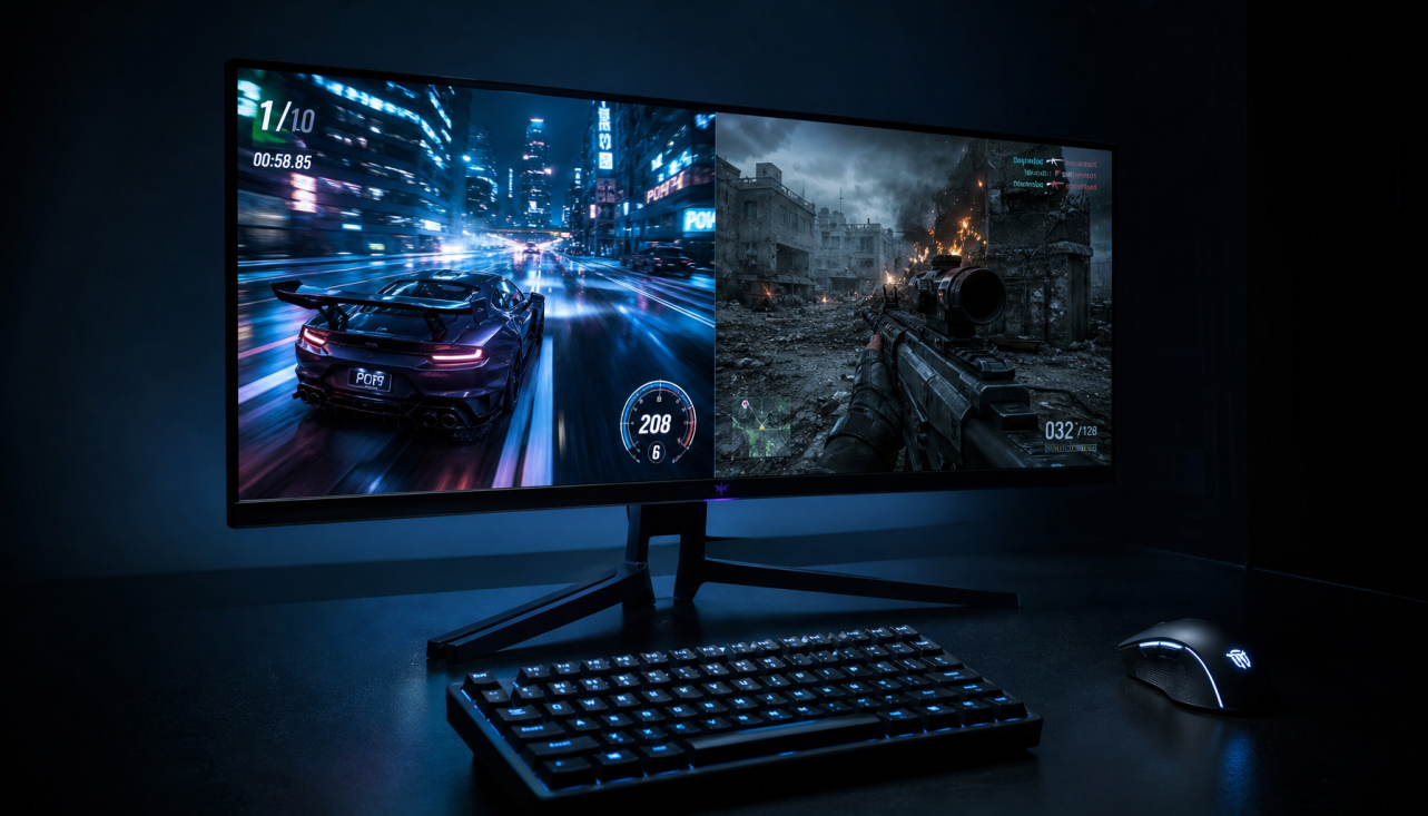 Gaming monitor showing racing and shooter games in a dark gaming room, illustrating the role of refresh rate in different game genres