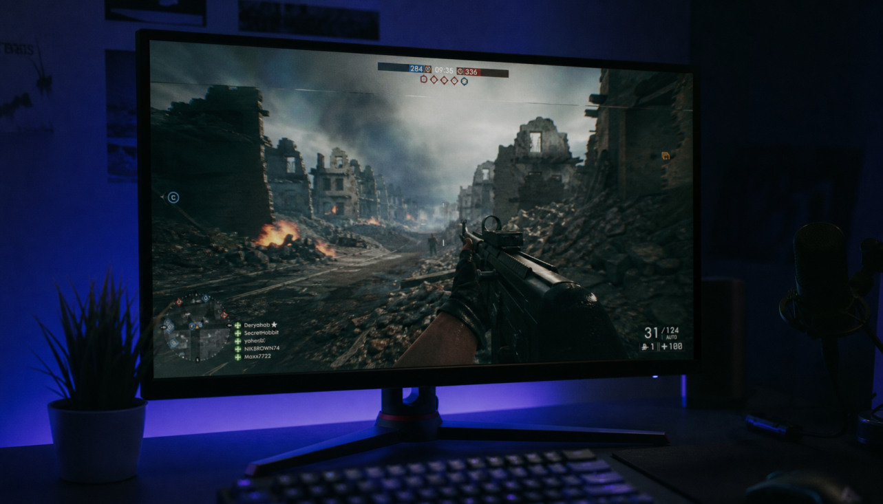 Gaming monitor showing screen tearing near the top edge with Adaptive Sync enabled