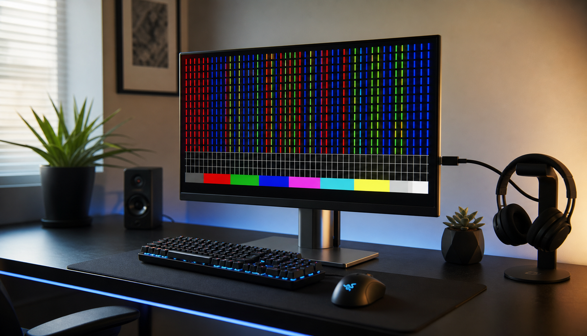 Gaming monitor showing sharp 4:4:4 chroma text and color test grid with HDMI cable connected