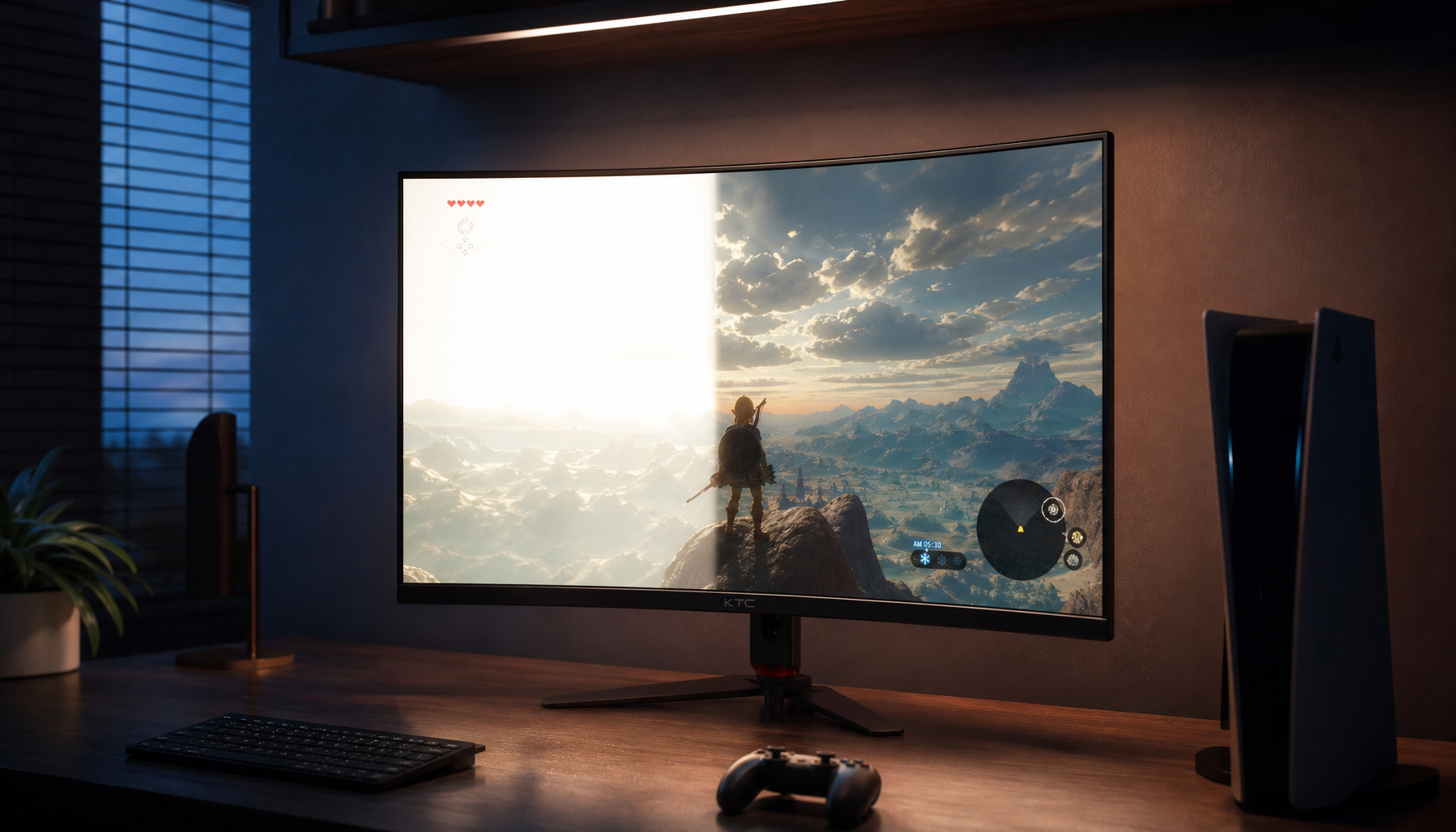 Gaming monitor showing the difference between clipped HDR highlights and properly rendered cloud detail in a console game