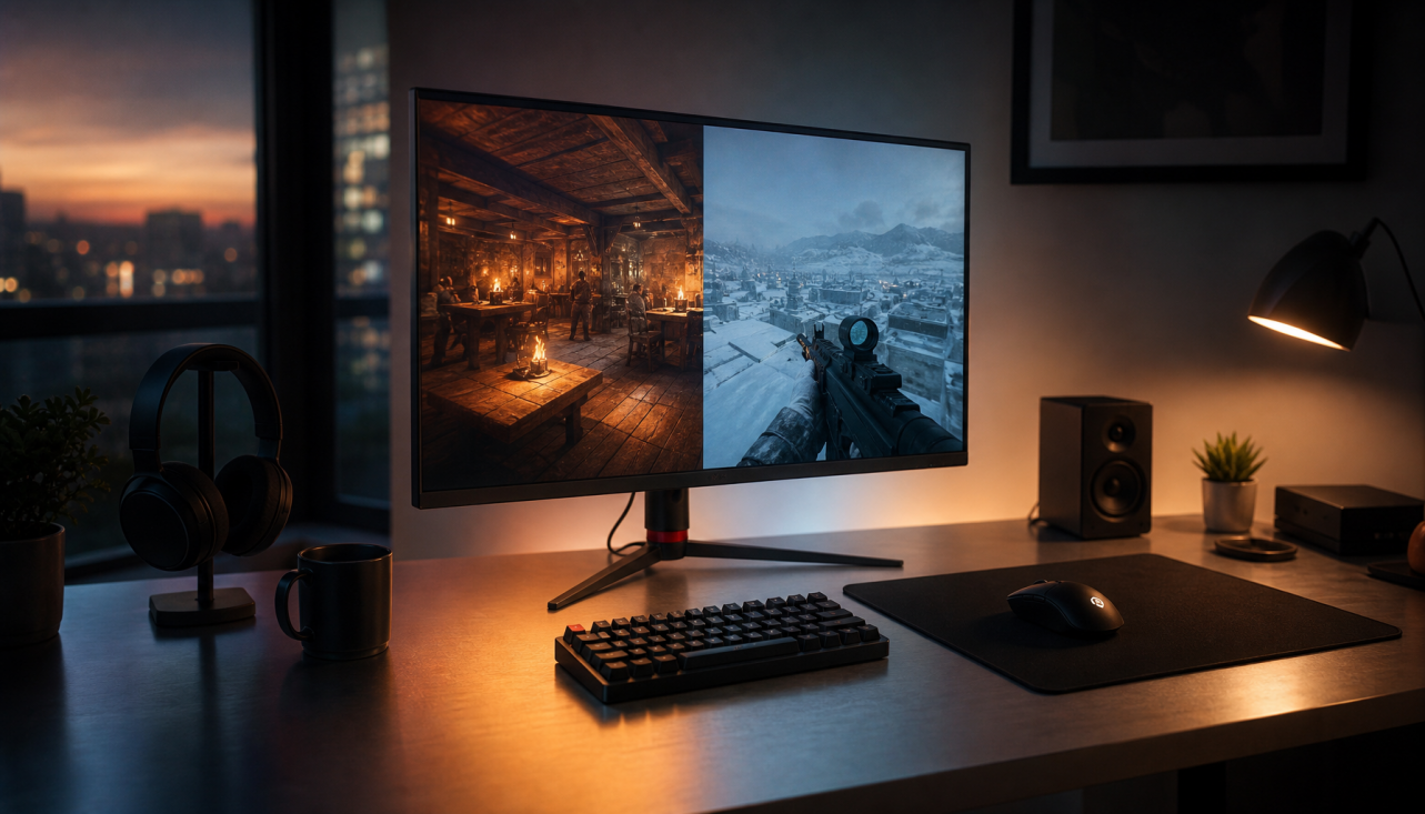 Gaming monitor showing warm amber and cool blue display color temperature settings side by side on a dark desk