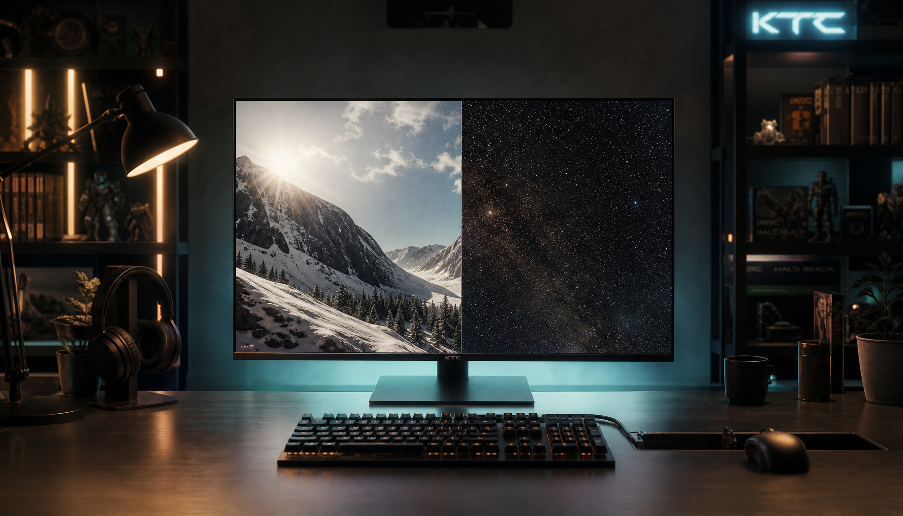 Gaming monitor side-by-side comparison of Mini LED bright snow scene versus OLED deep-black starfield in a dark gaming room
