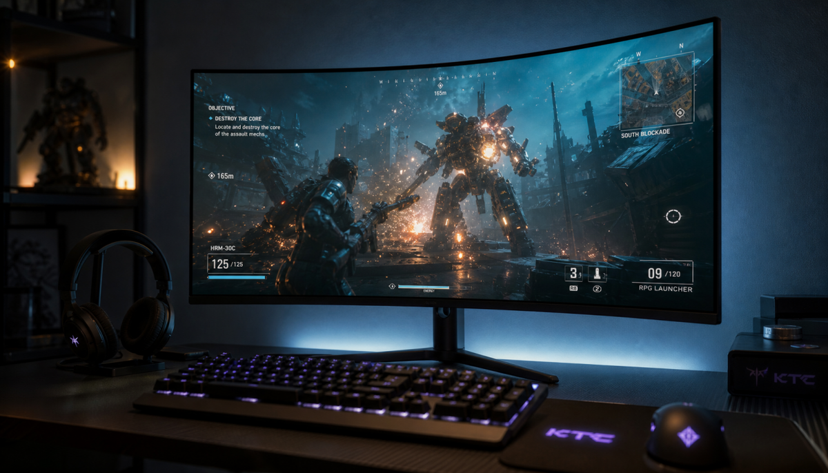 Gaming monitor with Adaptive Sync enabled showing smooth gameplay in a dark room setup