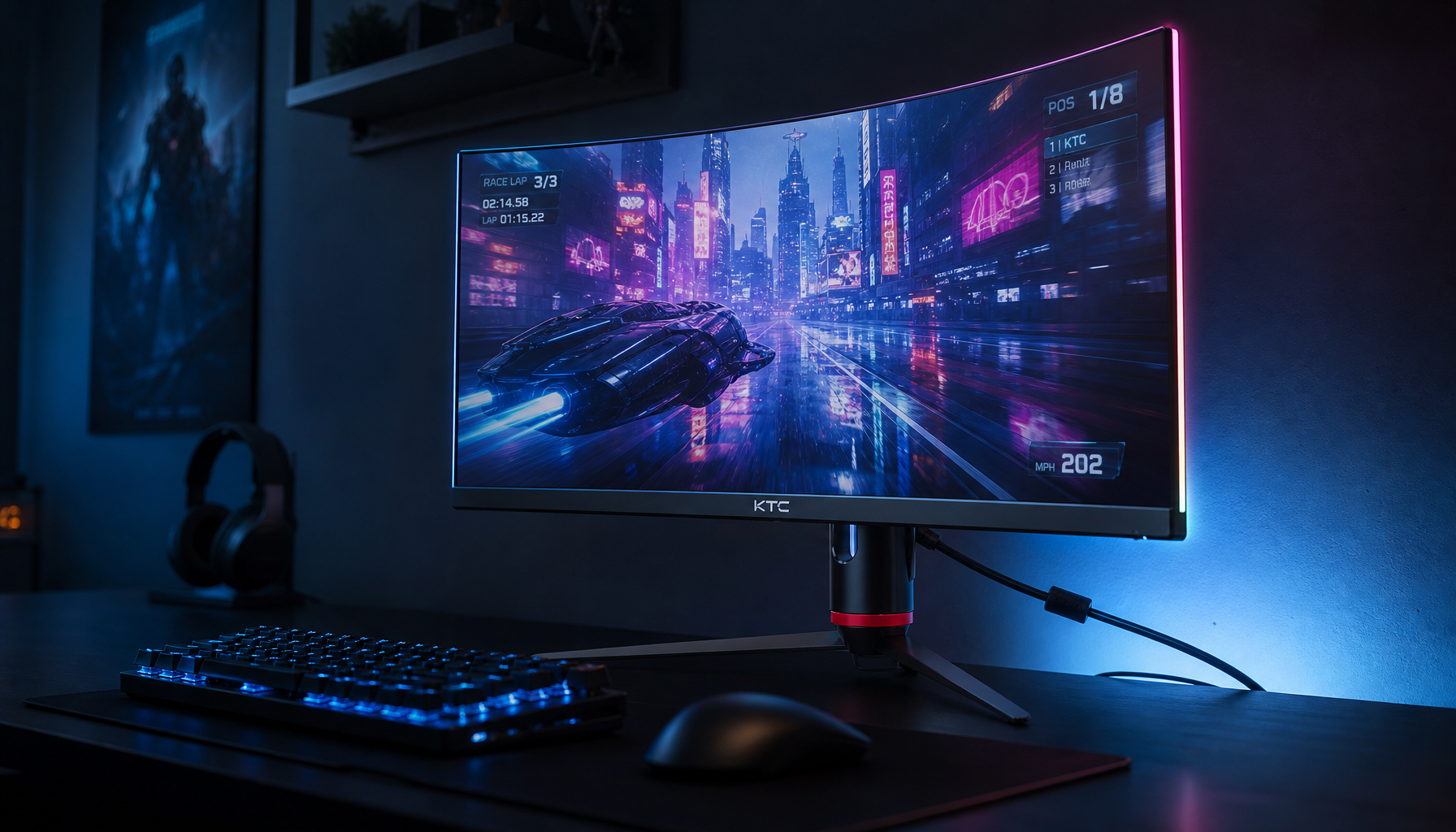 Gaming monitor with DisplayPort cable connected, glowing in a dark room ready for Adaptive-Sync setup