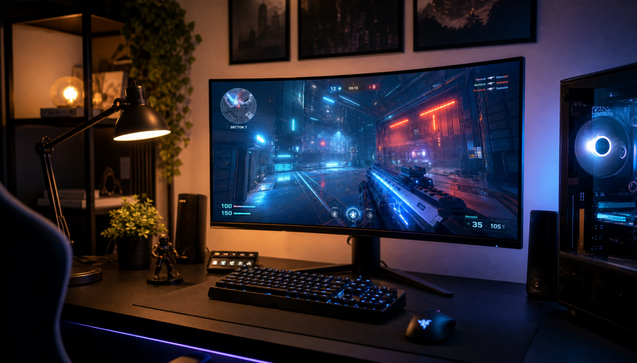 Gaming setup with a 240Hz curved monitor displaying a competitive FPS game at night