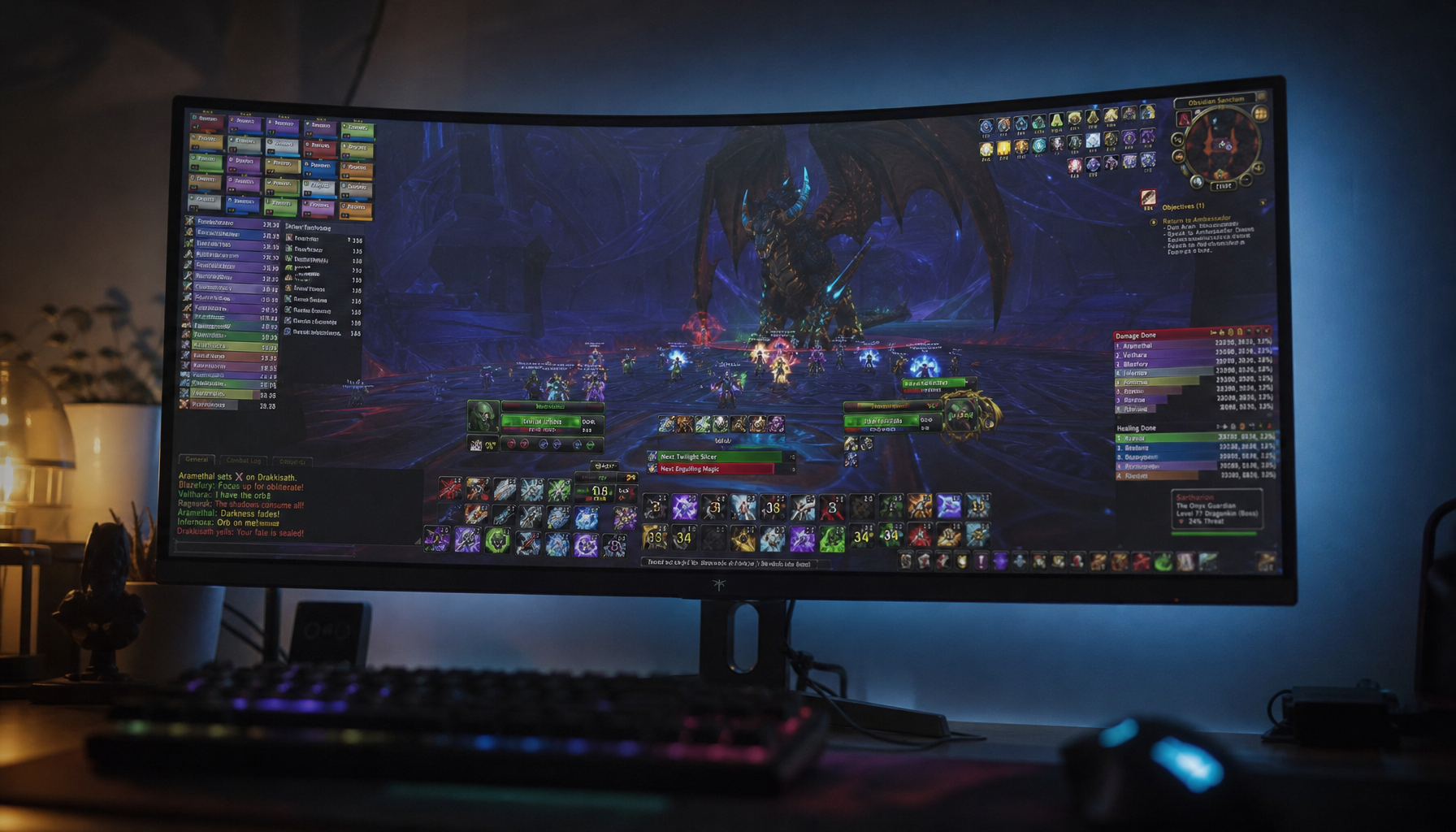 Gaming setup with curved widescreen monitor displaying a dense MMORPG interface with raid frames and combat UI arranged around a clear center view