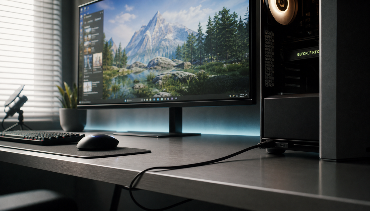 HDMI cable connected to a 4K gaming monitor showing a sharp high-resolution desktop, illustrating HDMI DSC bandwidth technology