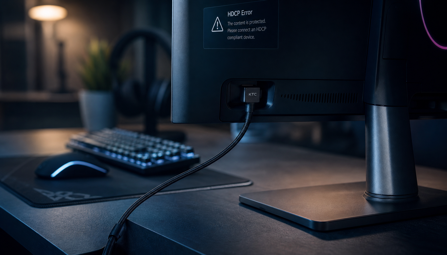 HDMI cable connected to a gaming monitor displaying an HDCP handshake error screen