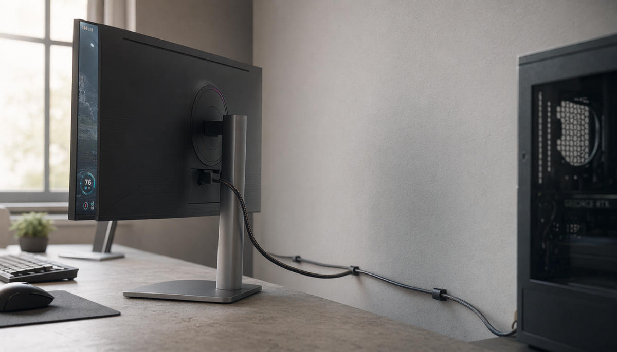 HDMI cable running from a gaming monitor to a PC across a desk setup, illustrating video cable length and signal path