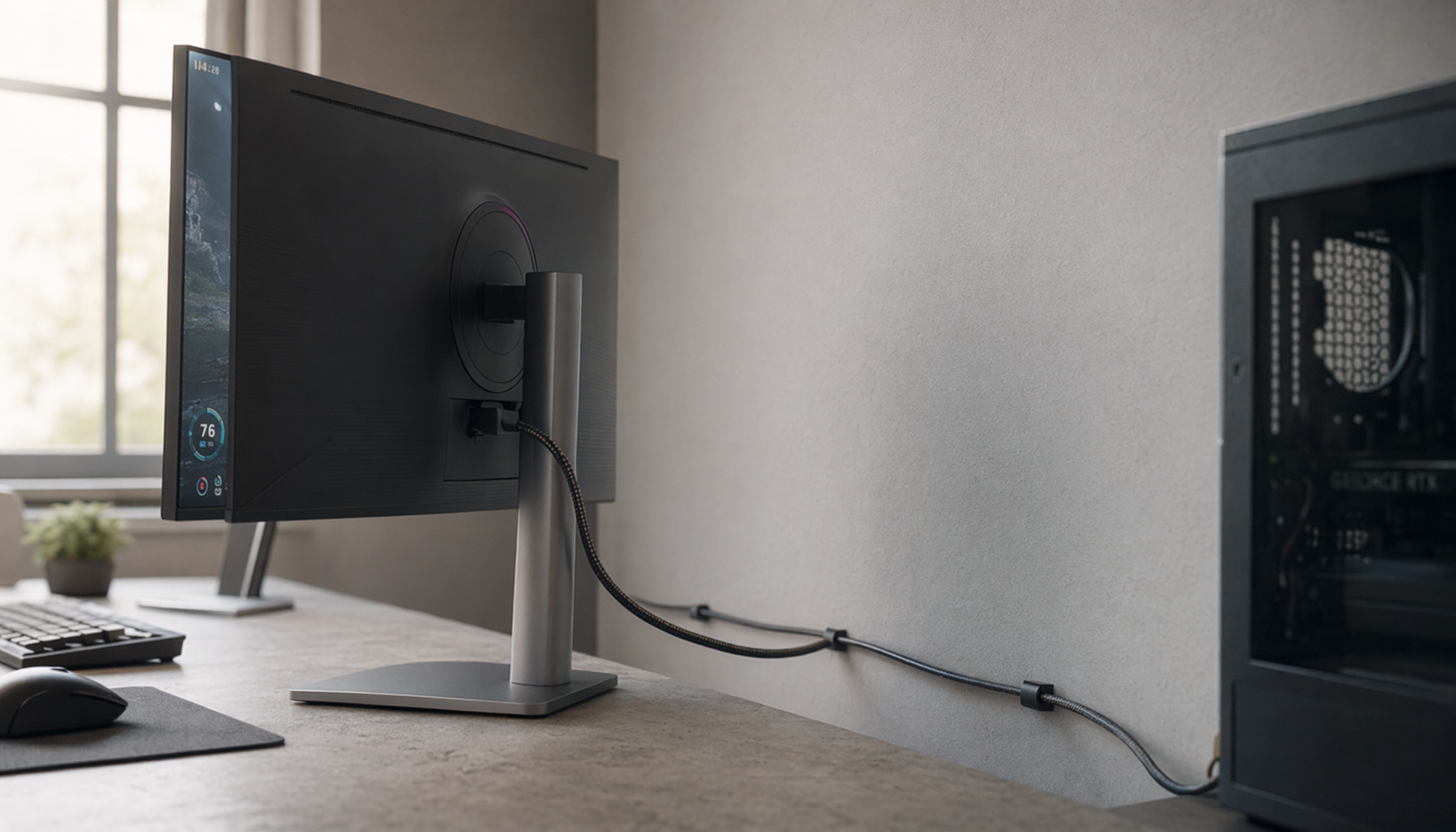 HDMI cable running from a gaming monitor to a PC across a desk setup, illustrating video cable length and signal path