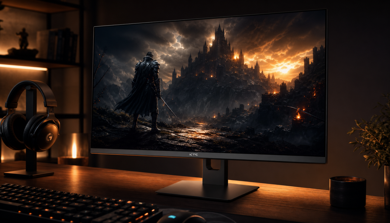 HDR gaming monitor during warm-up period showing stable accurate brightness in a dark room