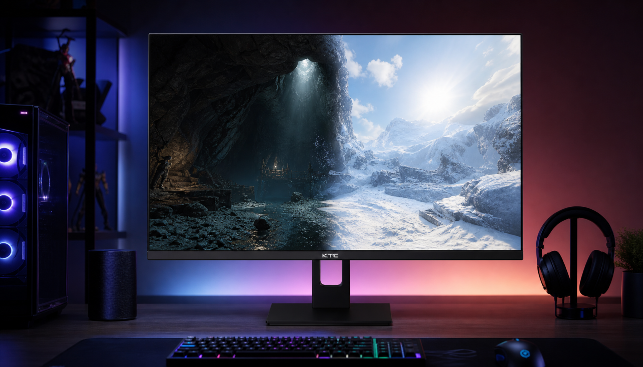 HDR gaming monitor showing brightness transition between dark and bright scenes