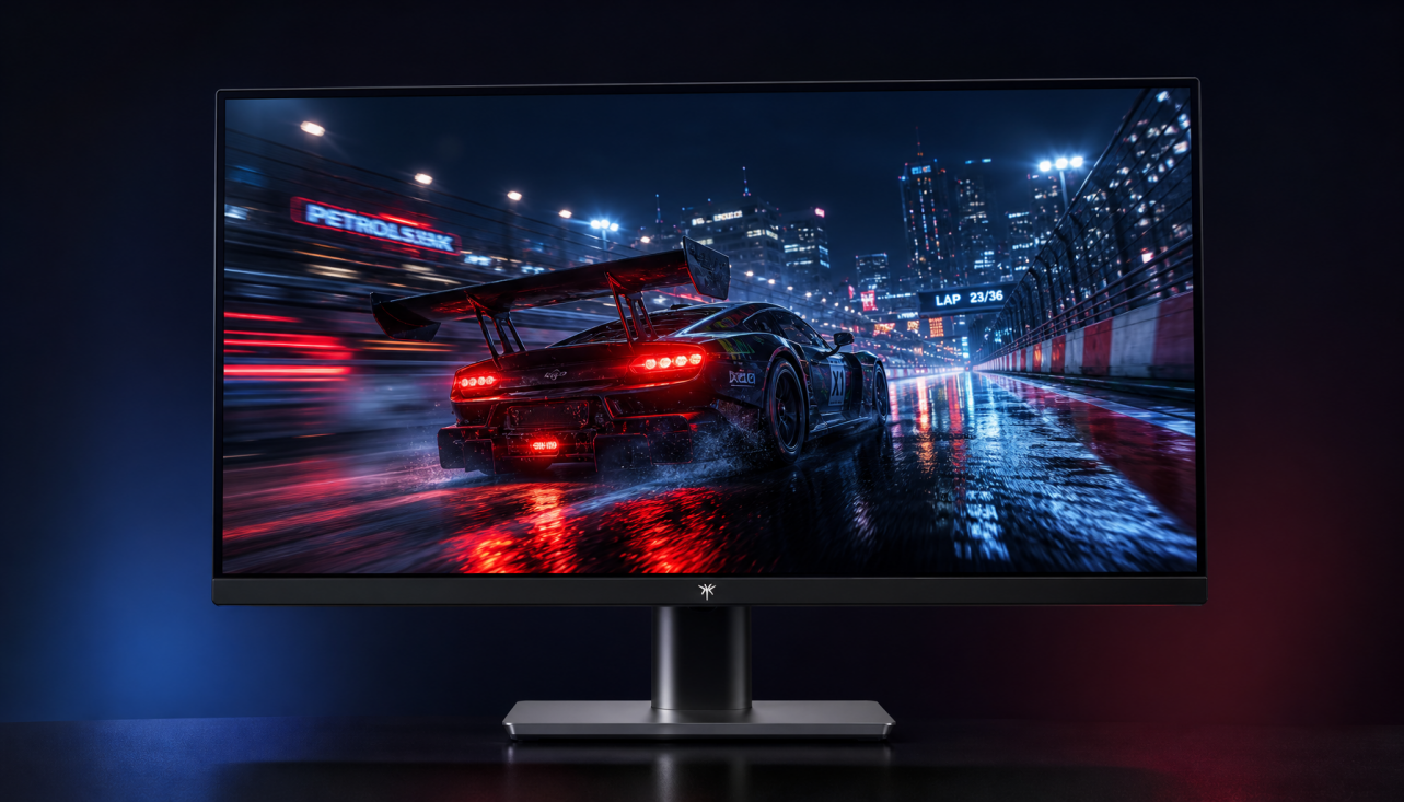 HDR gaming monitor showing high-contrast fast-moving racing content with vivid highlights and deep shadows