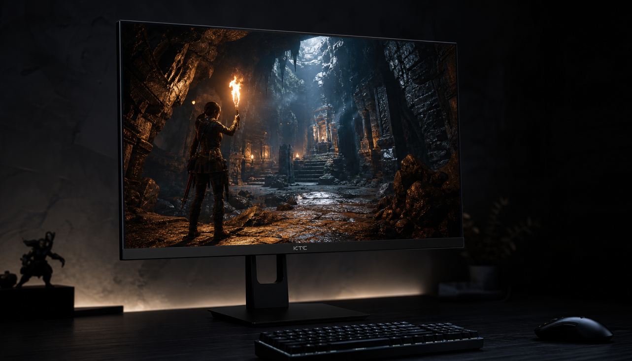 HDR monitor showing deep black levels and bright highlights in a dark gaming scene