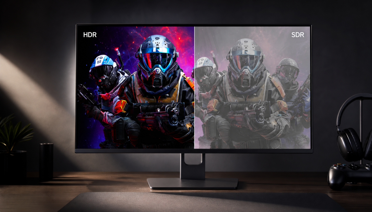 HDR vs SDR display comparison on a gaming monitor showing the difference in brightness and color depth
