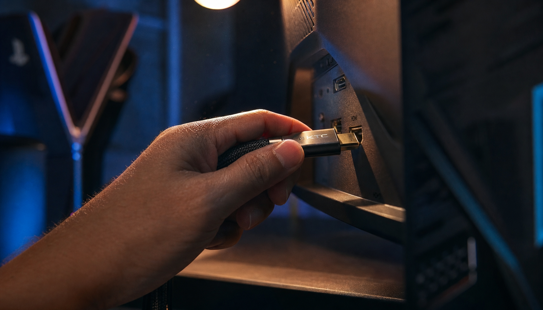 Hand plugging an HDMI 2.1 cable into a gaming monitor port in a console gaming setup