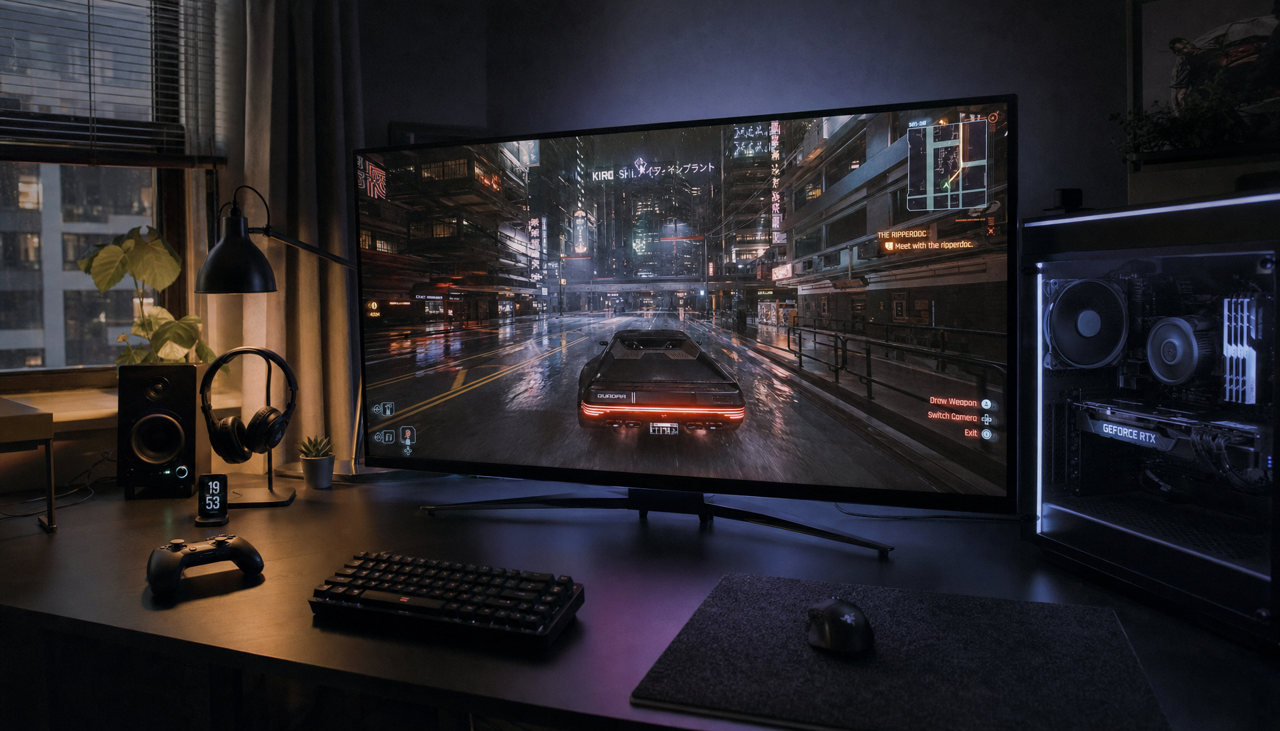 High-end gaming PC setup with a 4K monitor and GPU visible through a glass panel case, optimized for 4K gaming performance