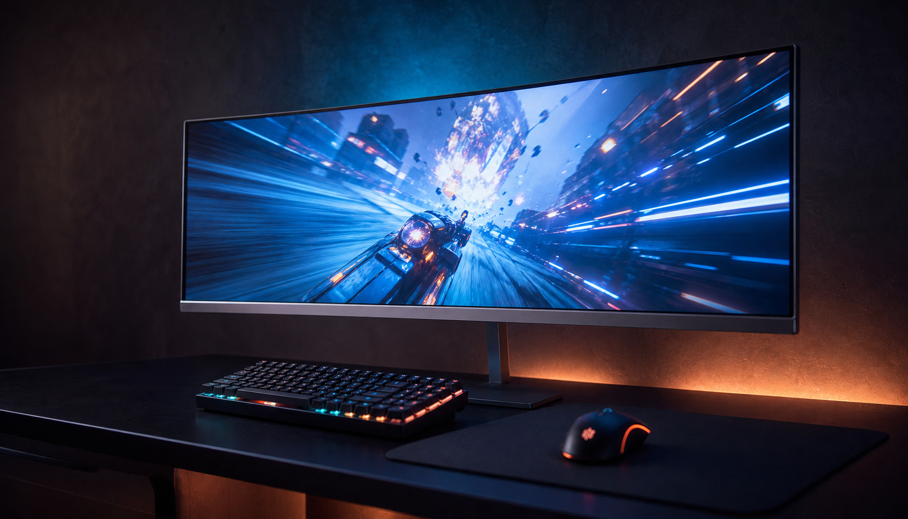 High-refresh-rate gaming monitor setup showing a competitive battlestation with glowing display and minimal desk accessories