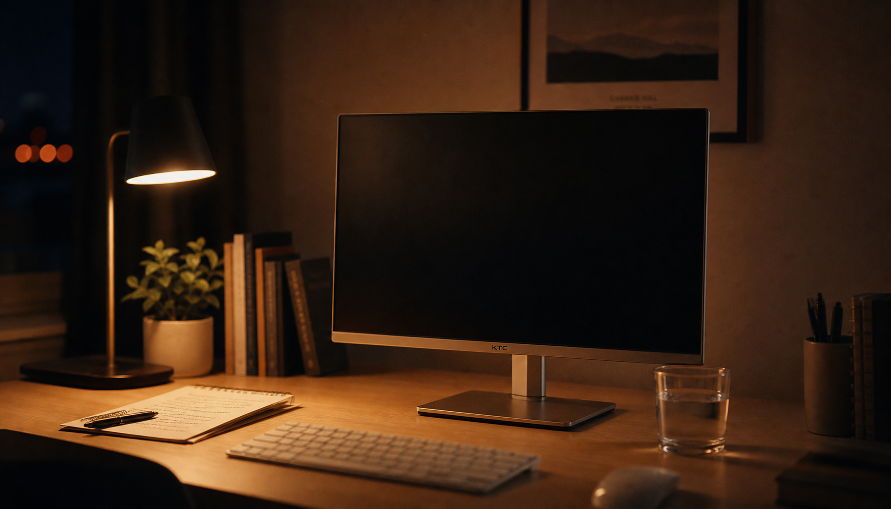 Home office desk at night with monitor screen off and warm lamp light, illustrating the moment after a late screen session ends