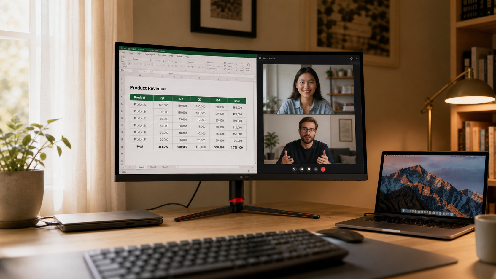Home office desk with a large external monitor showing work documents, representing the hybrid three-day office setup