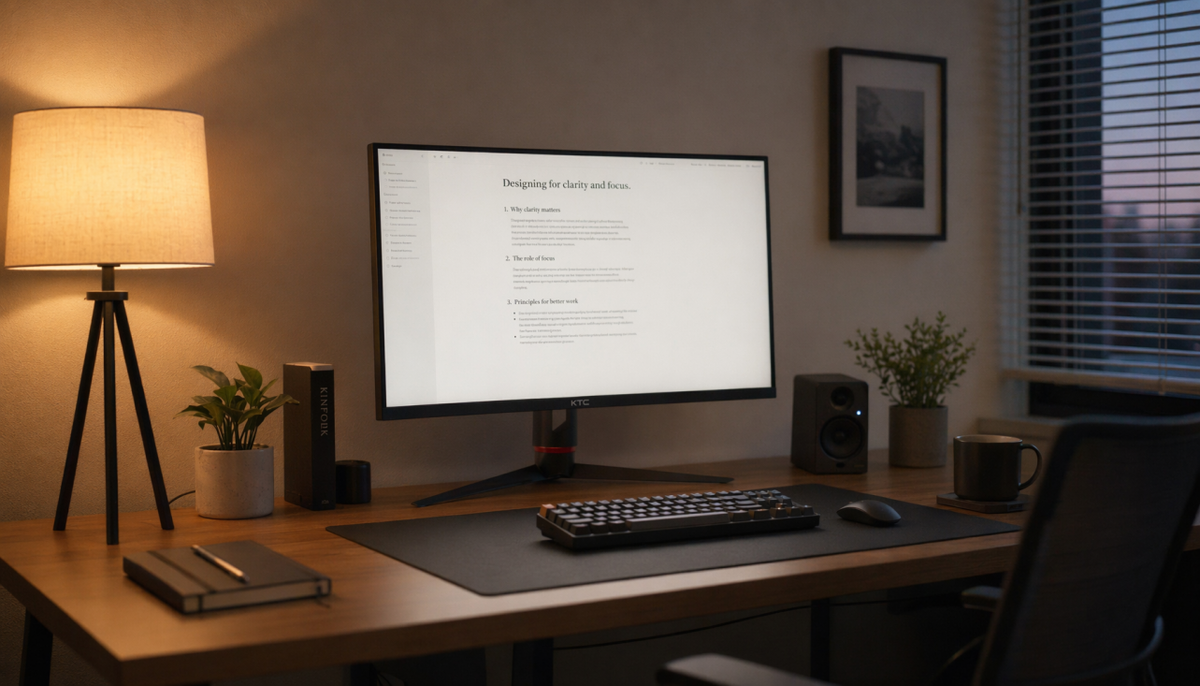 Home office monitor displaying a document at comfortable brightness, matching the warm ambient room lighting