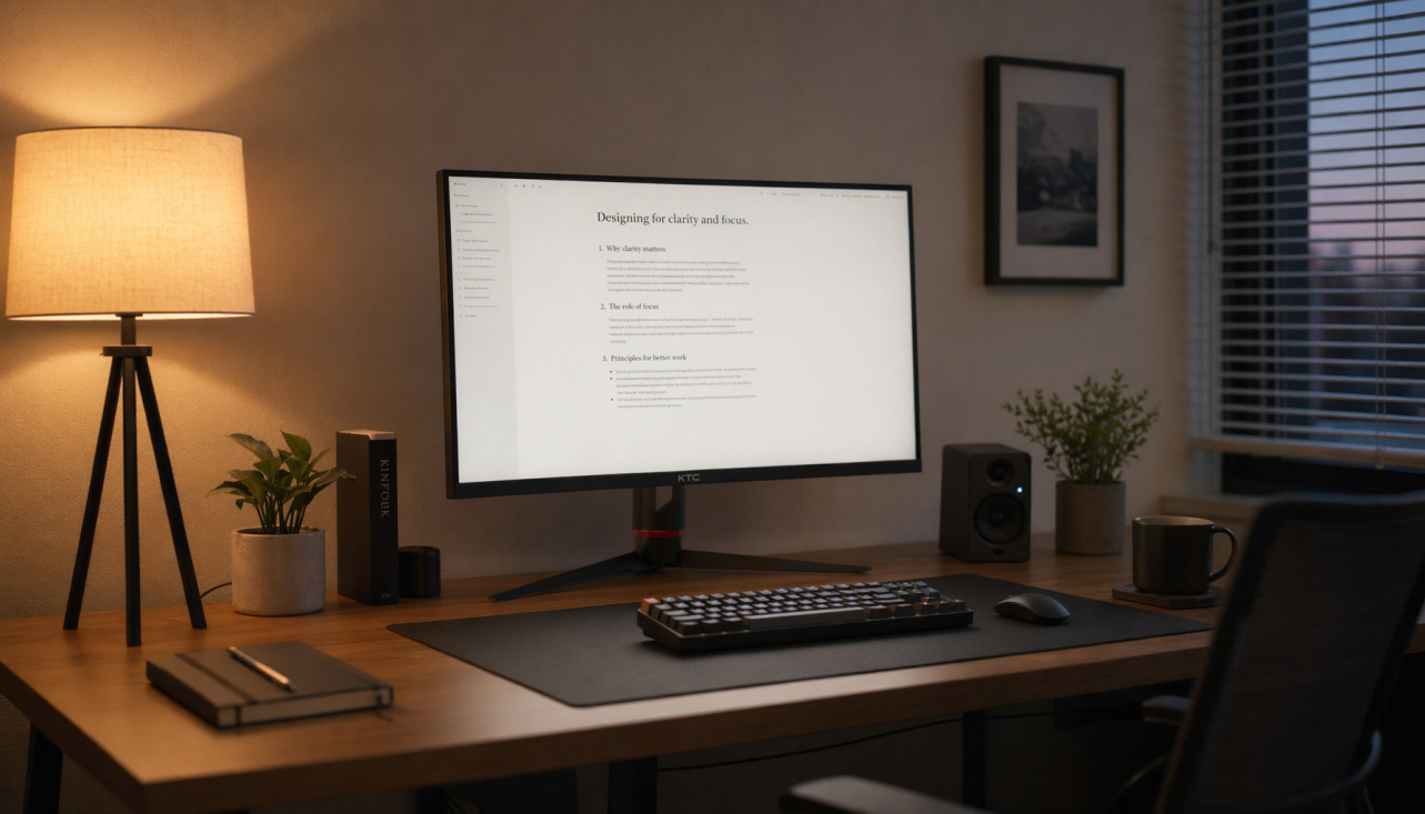 Home office monitor displaying a document at comfortable brightness, matching the warm ambient room lighting