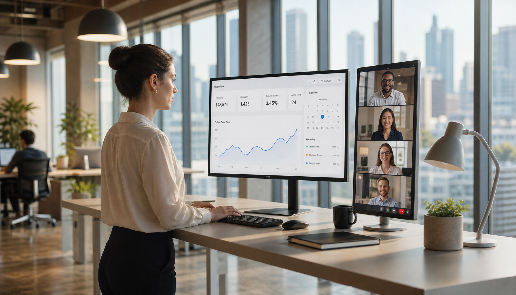 Hybrid team professional working at a widescreen monitor in a modern office while remote colleagues join on a secondary display