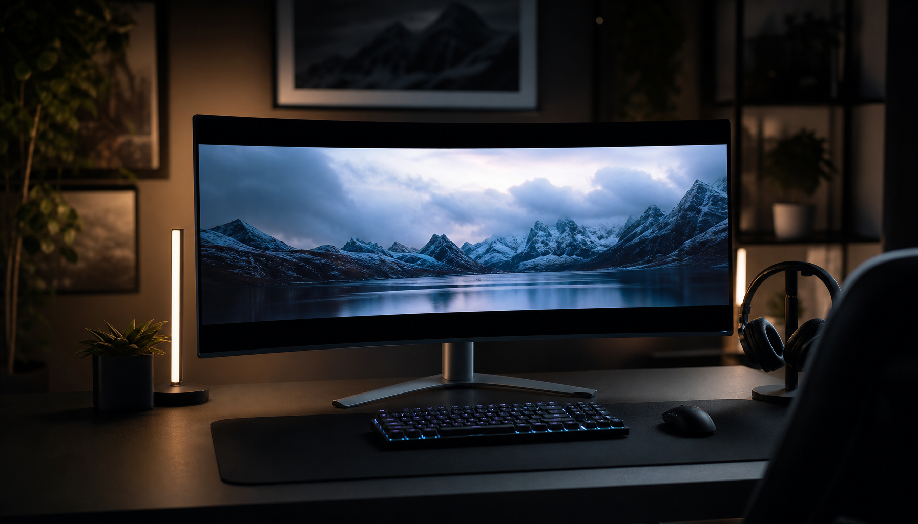 KTC 34-inch curved ultrawide monitor displaying a widescreen movie with black letterbox bars in a dark room