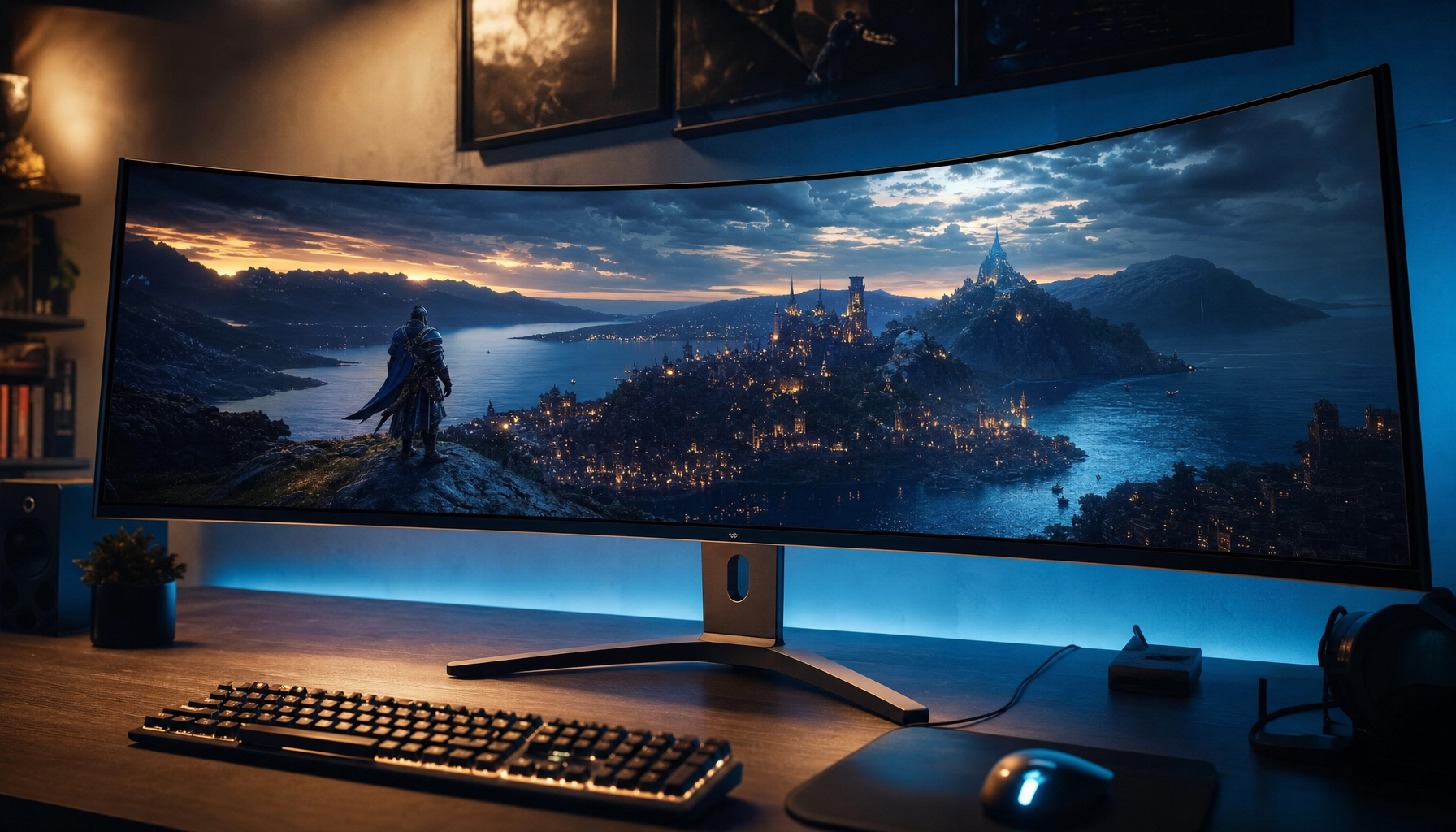 KTC 49-inch 32:9 super-ultrawide curved gaming monitor displaying an immersive game scene in a dark gaming setup