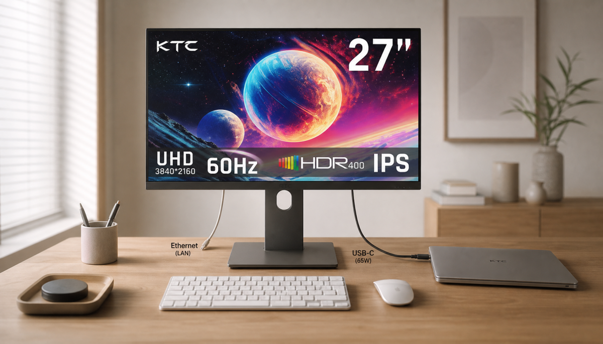 KTC USB-C docking monitor as the central hub of a clean hybrid work desk setup with one cable connecting to a laptop