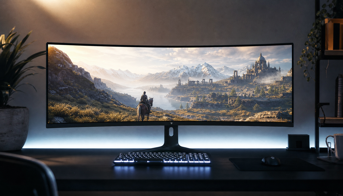 KTC curved ultrawide gaming monitor showing extended field of view with wide open game environment spanning the full 21:9 screen