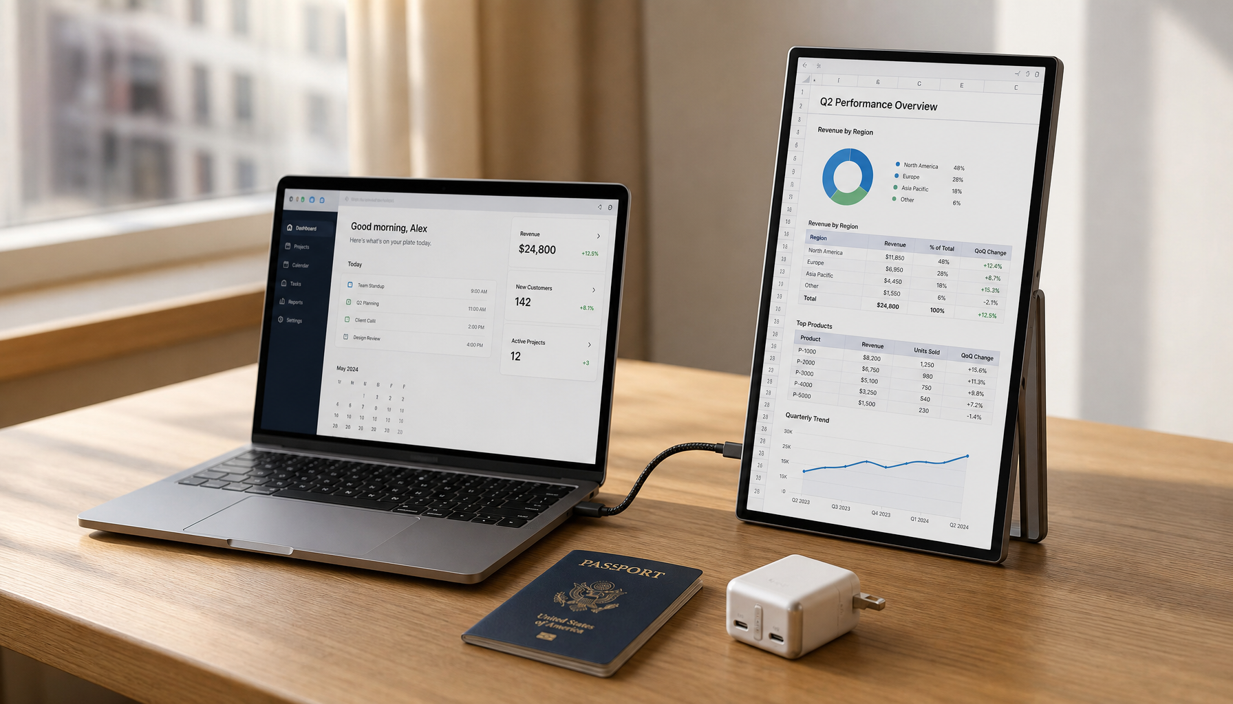 KTC portable monitor connected to a laptop with one USB-C cable on a hotel desk travel setup