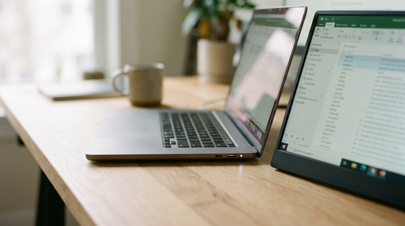 Laptop USB-C port connected to a portable monitor on a wood desk