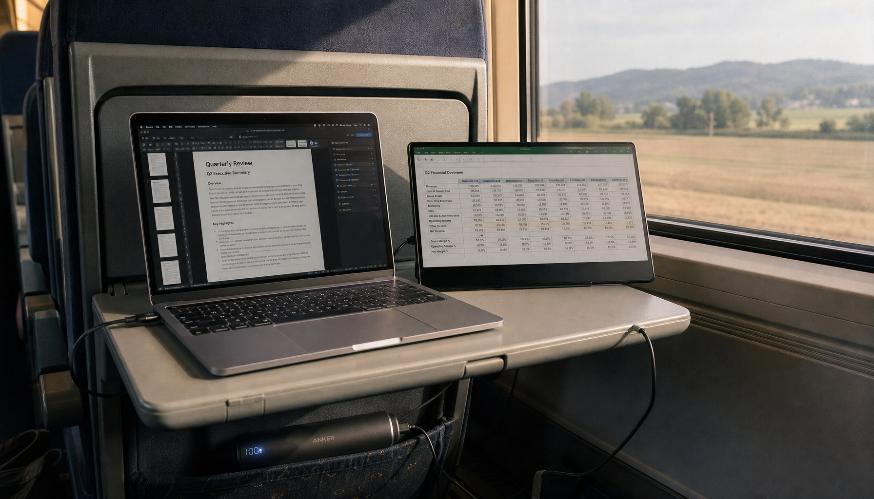 Laptop and portable monitor set up on a train tray table, powered by a USB-C PD power bank