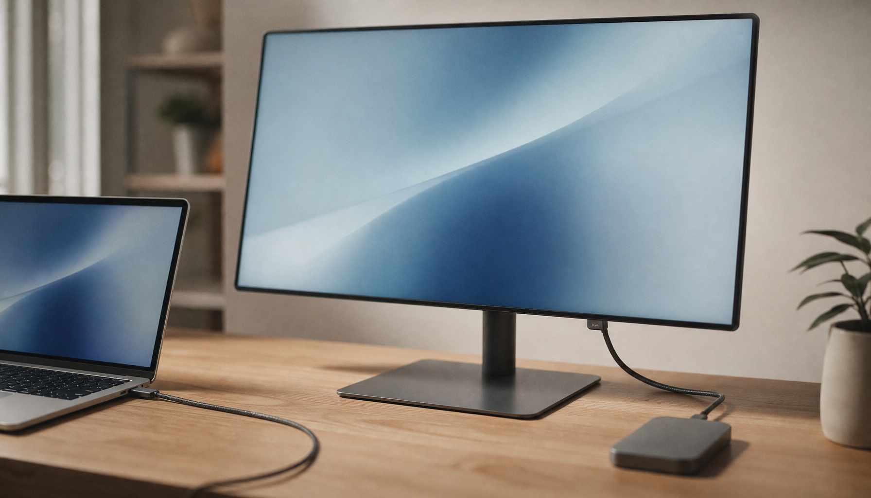 Laptop connected to a 27-inch USB-C monitor and external SSD on a clean home office desk with a single cable setup