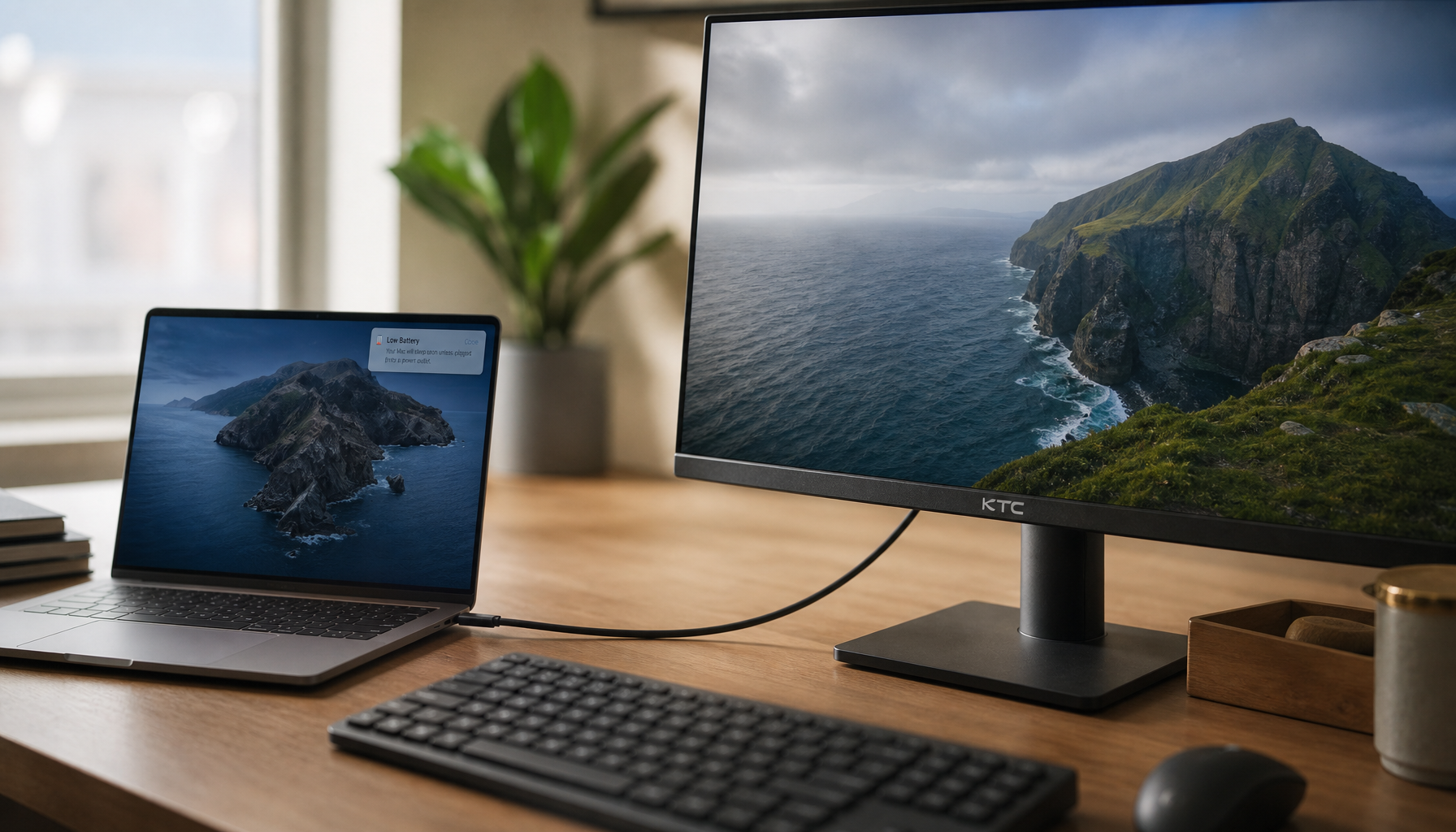Laptop connected to a USB-C monitor on a desk with a low battery warning on screen