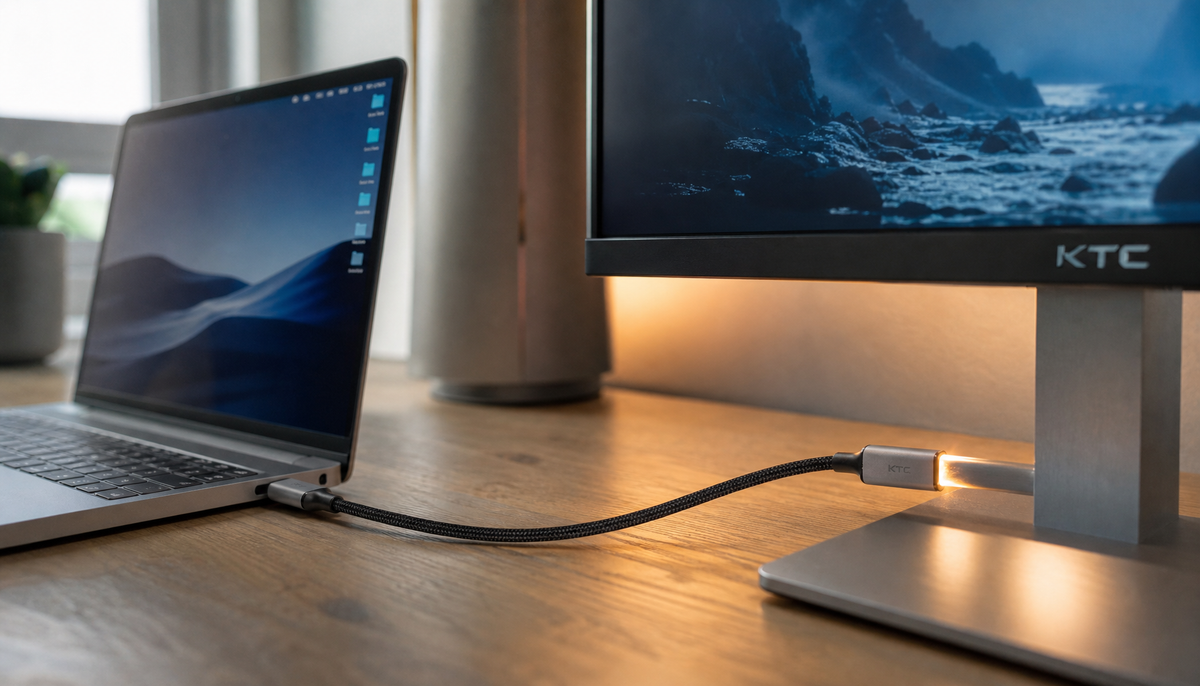 Laptop connected to a monitor via a single USB-C cable on a minimalist desk, illustrating how USB-C DisplayPort Alt Mode enables one-cable display output