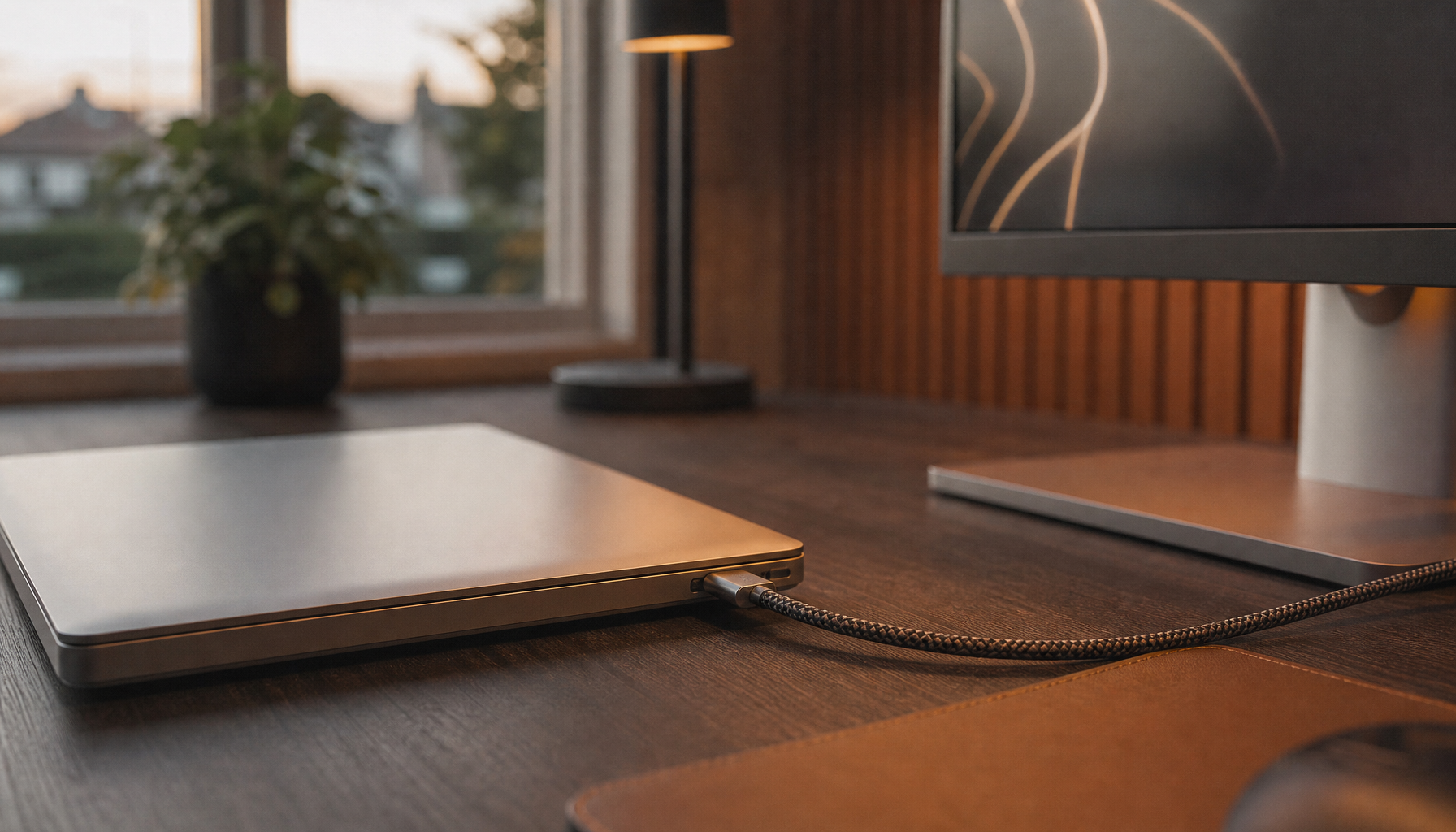 Laptop in sleep mode connected to a USB-C monitor via a single cable, continuing to charge overnight on a home office desk