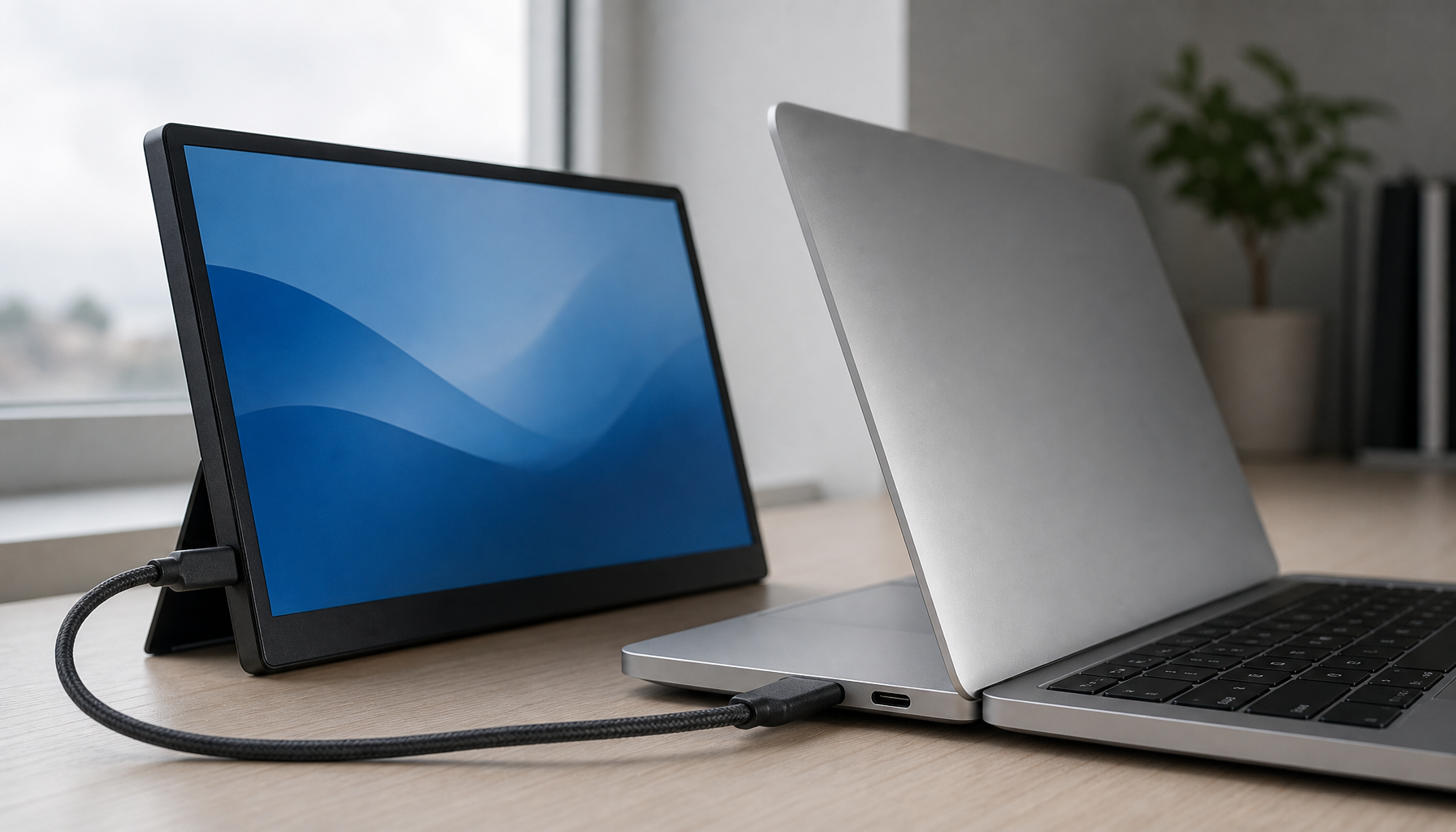 Laptop showing two USB-C ports where only one supports portable monitor video output via DP Alt Mode