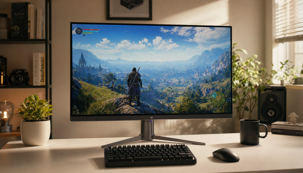 Large 32-inch gaming monitor displaying an open-world game from a straight-on centered viewing position at a home office desk