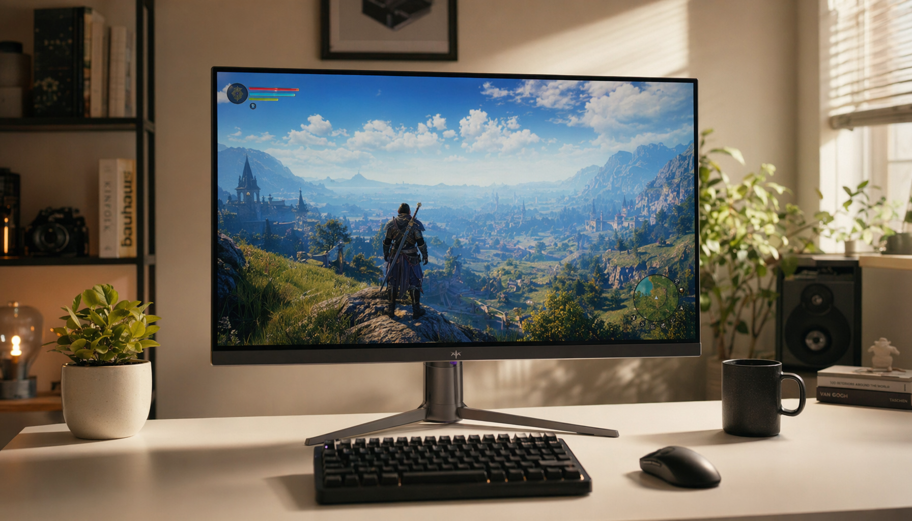 Large 32-inch gaming monitor displaying an open-world game from a straight-on centered viewing position at a home office desk