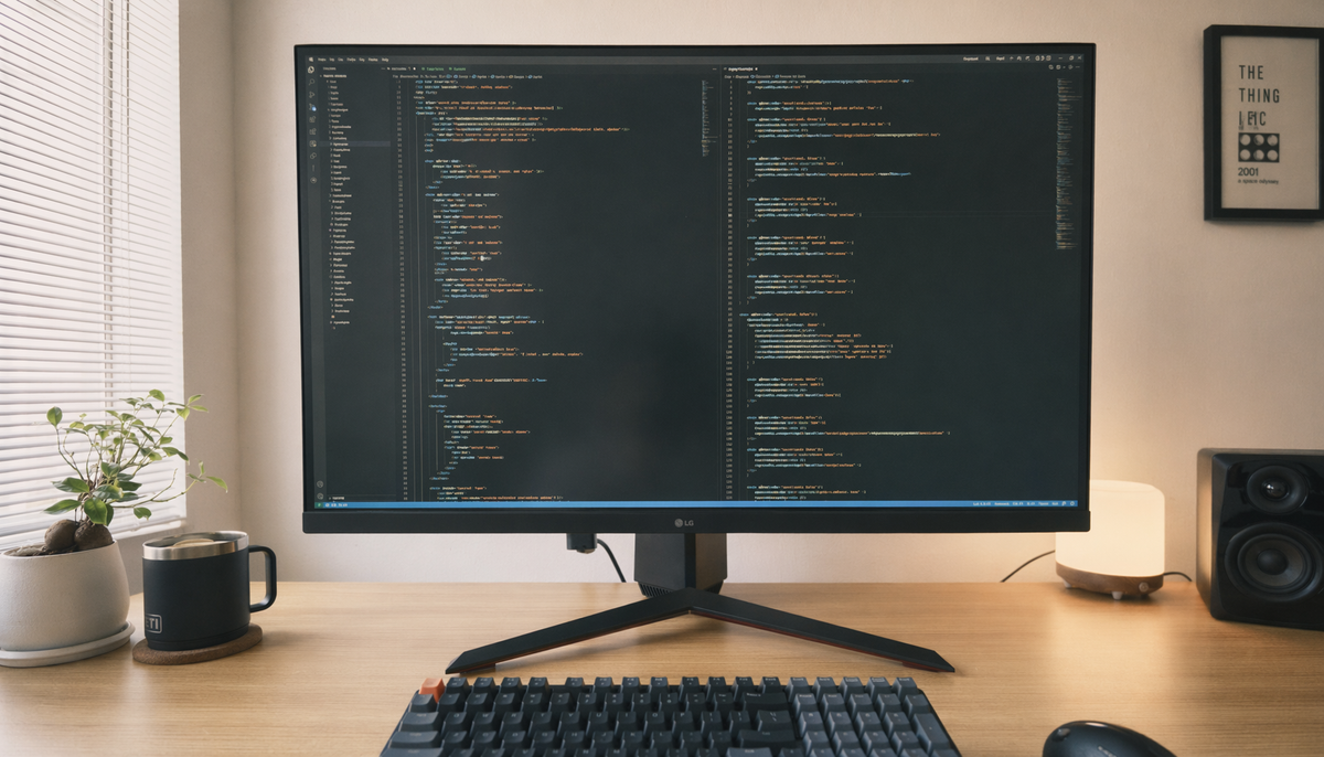 Large 32-inch gaming monitor sitting too close on a standard desk with limited depth, viewed from a seated position