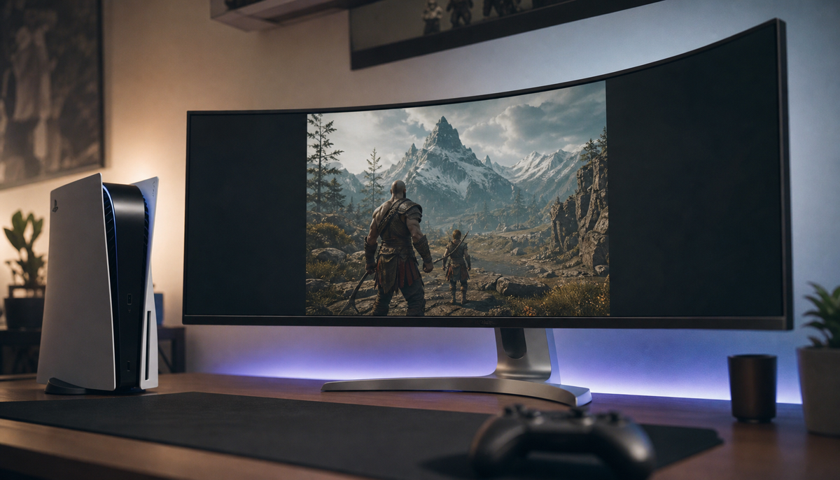 Large curved super-ultrawide monitor on a gaming desk with a PS5 console and Xbox controller, showing a console game in a centered 16:9 window with black side bars
