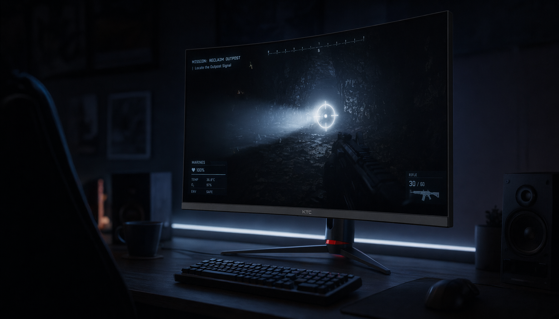 Mini-LED gaming monitor displaying a bright moving object against a dark game scene, showing local dimming zone control