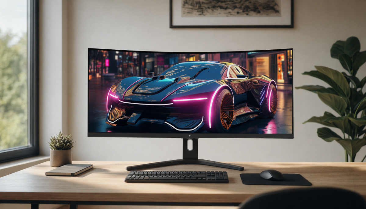 Minimalist home desk setup with a large curved ultrawide monitor as the visual centerpiece, natural daylight from the side, clean cable routing, and keyboard in neutral alignment