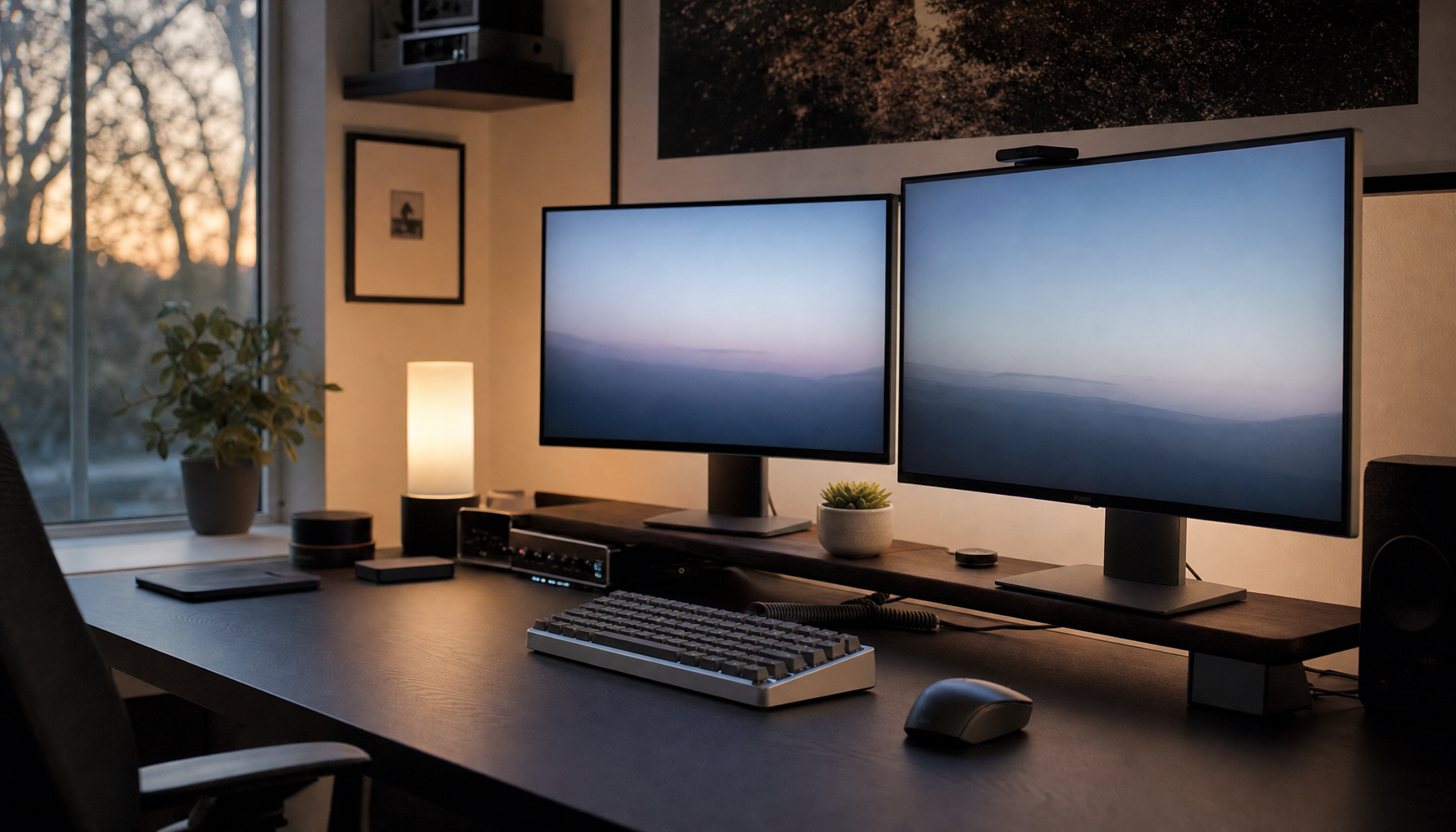 Modern home office desk with two monitors glowing at dusk, illustrating a typical display setup for calculating annual energy costs