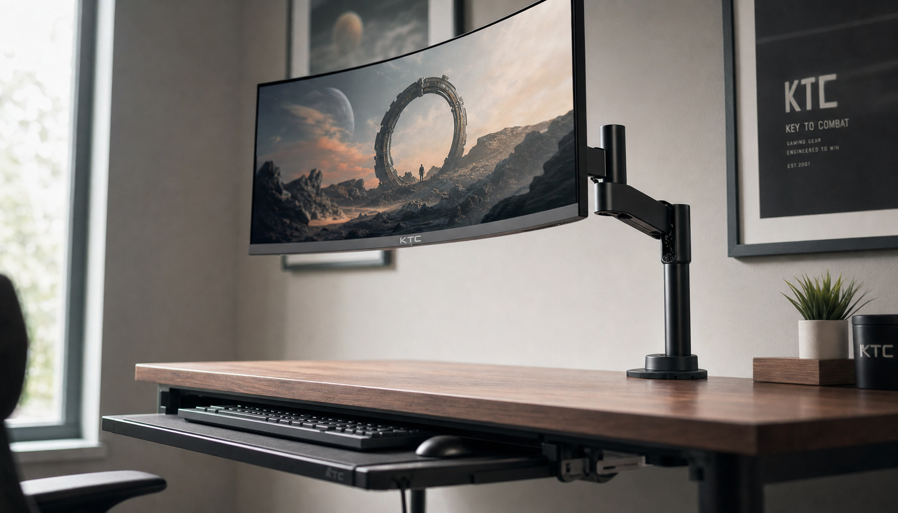 Monitor arm mounted above an under-desk keyboard tray on a walnut home office desk
